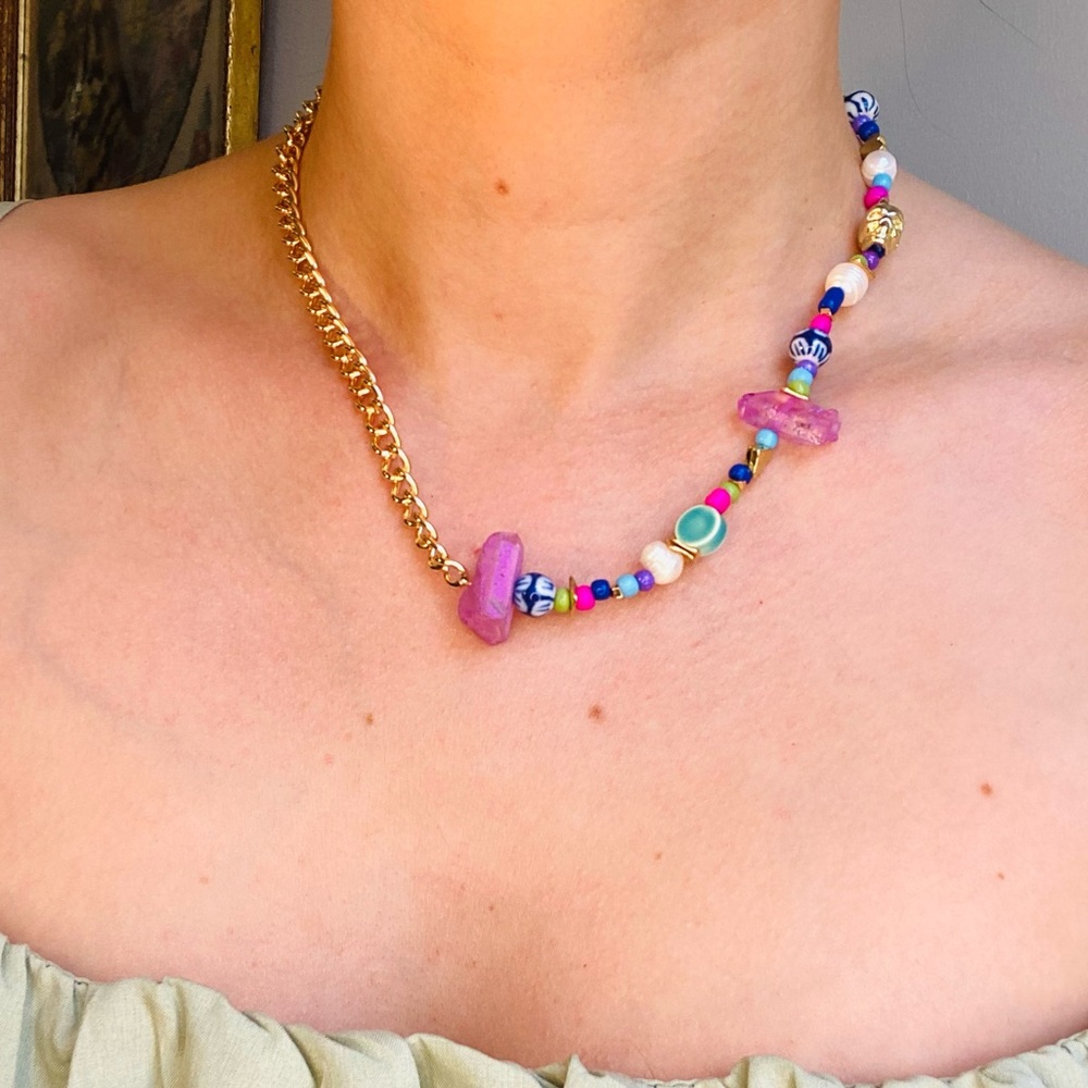 gold chain half beaded necklace